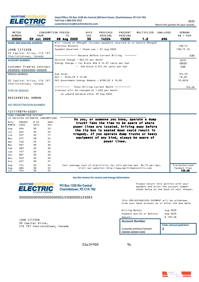 Canada Maritime Electric utility bill template in Word and PDF format